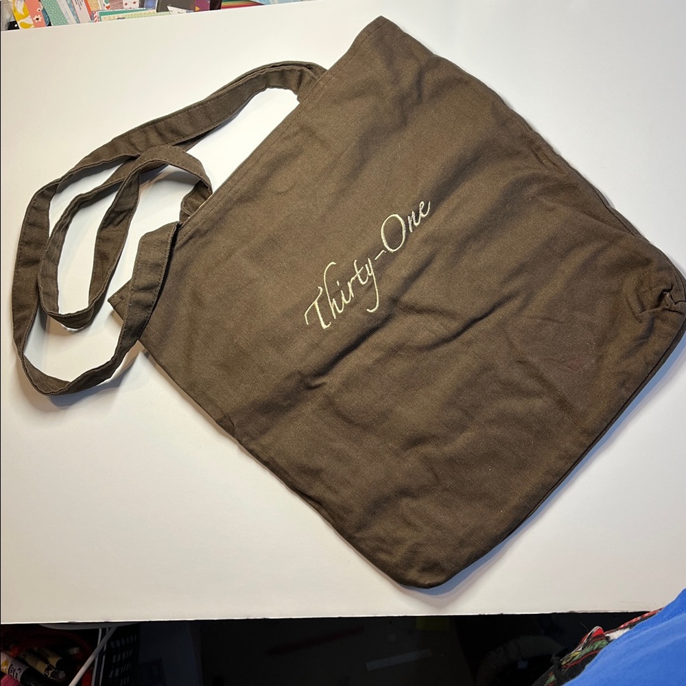 Thirty-One Chocolate Brown Canvas Tote with striped interior